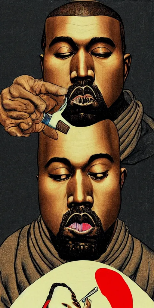 Prompt: a portrait of kanye west with sinister eyes holding a knife with blood on it, ukio-e style, hieronymus bosch and beeple, symmetrical