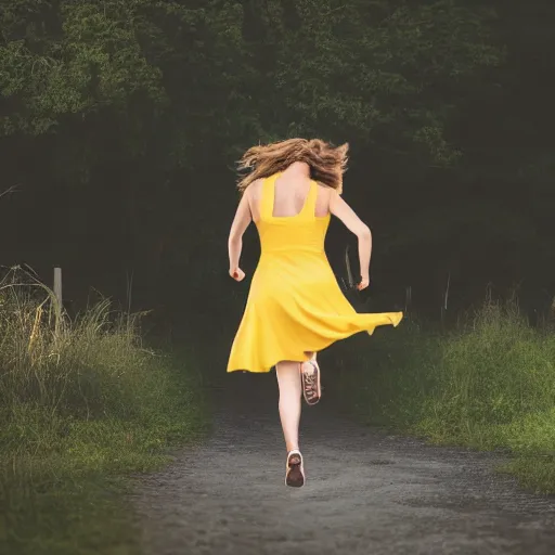 Image similar to a woman running sideways at night in a yellow dress in the center of the frame, dark hair, Slavic barn, bushes and trees in the background, realistic photo, 4K, 35 mm