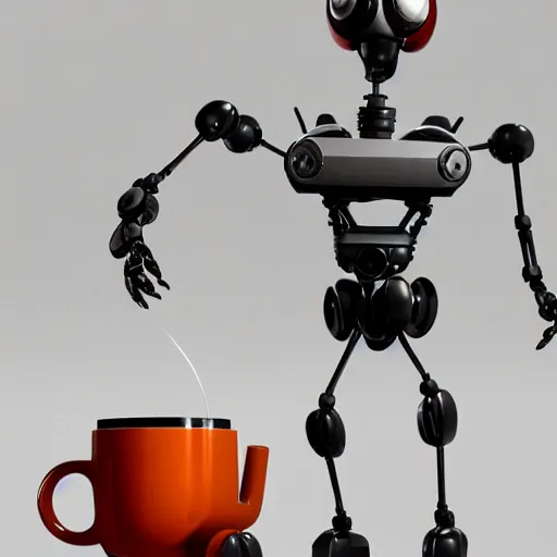 Prompt: long shot of a minimalistic robot serving a cup of tea on a pile of books, by simon stalenhaag, by naoto hatori, by yoshita amano, by esao andrews, product photography, hyperrealistic, big depth of field, fresh colors, 3 d octane render conceptart, 4 k, highly detailed, trending on artstation