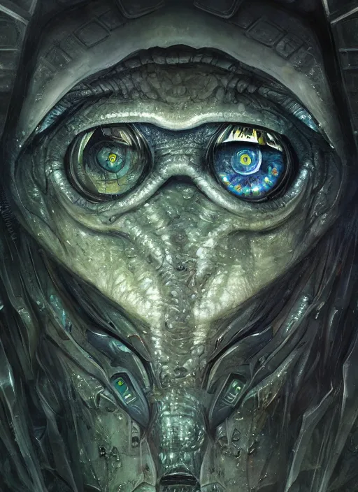 Image similar to close up sci - fi horror quarter machine simon stalenhag reptile robot eyes, quartz skin, elegant, highly detailed, centered, digital painting, concept art, smooth, sharp focus, illustration, artgerm, tomasz alen kopera, peter mohrbacher, donato giancola, joseph christian leyendecker, wlop, frank frazetta