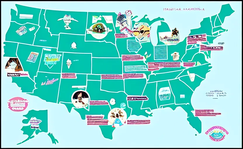 Image similar to hatsune miku across america map, map key, tourist map, brochure