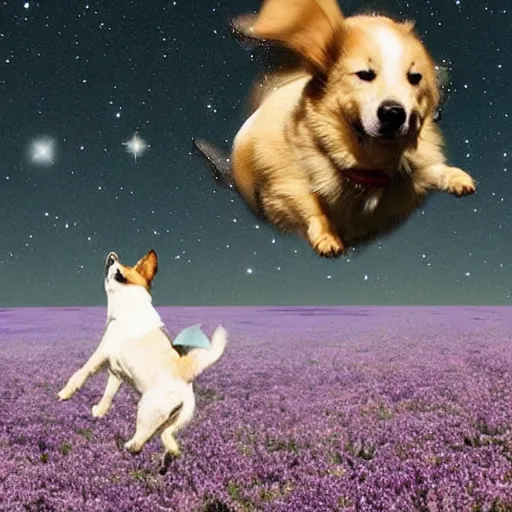 Prompt: king flying through cosmos on corgy