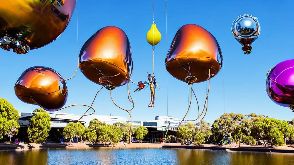 Image similar to large colorful futuristic space age metallic steampunk balloons with pipework and electrical wiring around the outside, and people on rope swings underneath, flying high over the beautiful river torrens and elder park in adelaide in south australia city landscape, professional photography, 8 0 mm telephoto lens, realistic, detailed, photorealistic, photojournalism