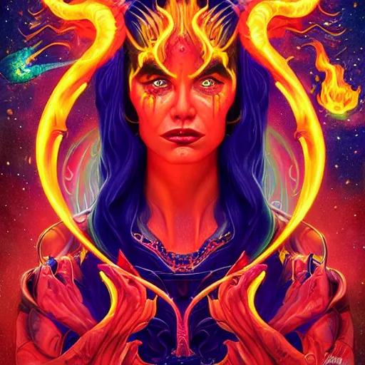 Prompt: cosmic demon lofi queen of hell portrait, fire and flame of hell serpent, Pixar style, by Tristan Eaton Stanley Artgerm and Tom Bagshaw.