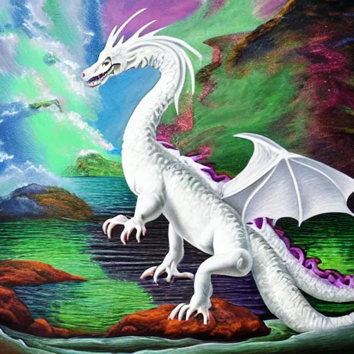 Prompt: highly detailed oil painting of a white dragon sitting in a colorful hotspring within a dark cavern