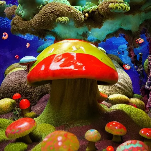 Prompt: Mushroomtopia; by Sea Juan; Art Direction by James Cameron; dream world