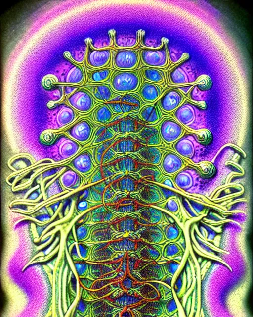 Image similar to stem cells, close up details, drawn by Ernst Haeckel, colorful, beeple rendering, written by H P Lovecraft
