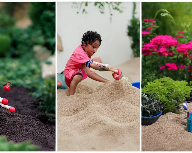 Image similar to 8 5 mm food photography of sylvester stalone playing with toys near a garden with sand with dof and bokeh and flowers o