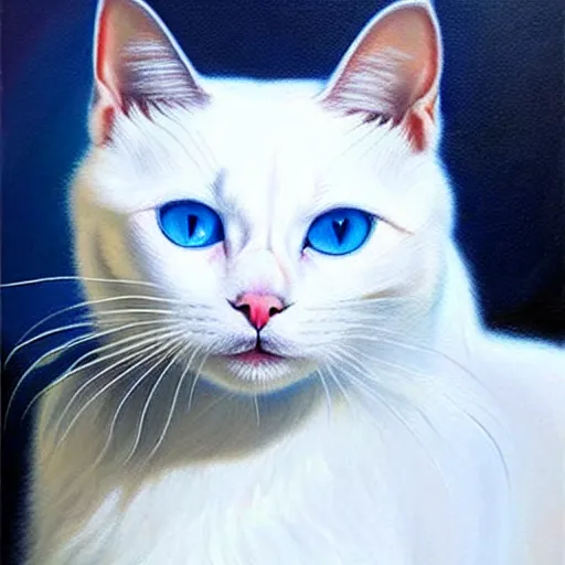 Image similar to epic professional oil painting of a gorgeous white cat with blue eyes, epic, stunning, gorgeous, intricate detail, much wow, 4K, masterpiece