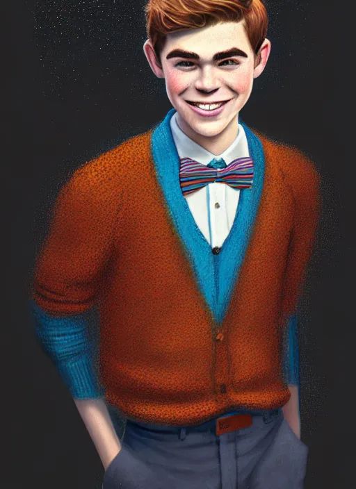 Image similar to portrait of teenage archie andrews, freckles, curly middle part haircut, curly hair, middle part hairstyle, smiling kindly, wearing a bowtie and sweater vest, intricate, elegant, glowing lights, highly detailed, digital painting, artstation, concept art, smooth, sharp focus, illustration, art by wlop, mars ravelo and greg rutkowski