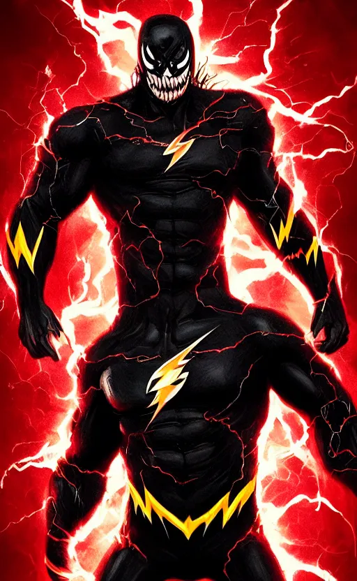 Image similar to full body portrait of venom as the flash, black and red, dynamic lighting, cinematic, ultra detailed, trending on art station, stunning visuals, creative, fantasy concept art