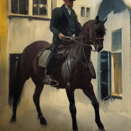 Image similar to painting of a man on a horse in an alleyway, Peaky Blinders (2018), painted by George Bellows