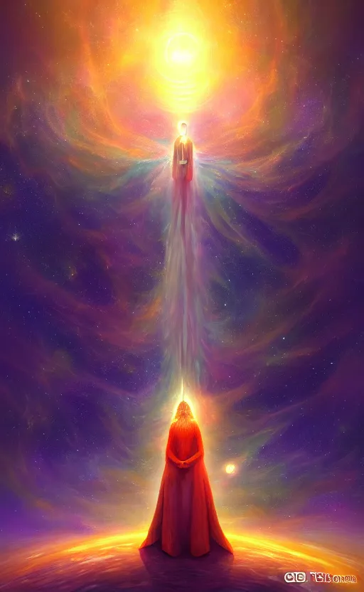 Image similar to Meeting God in the universe, digital art, trending on art station