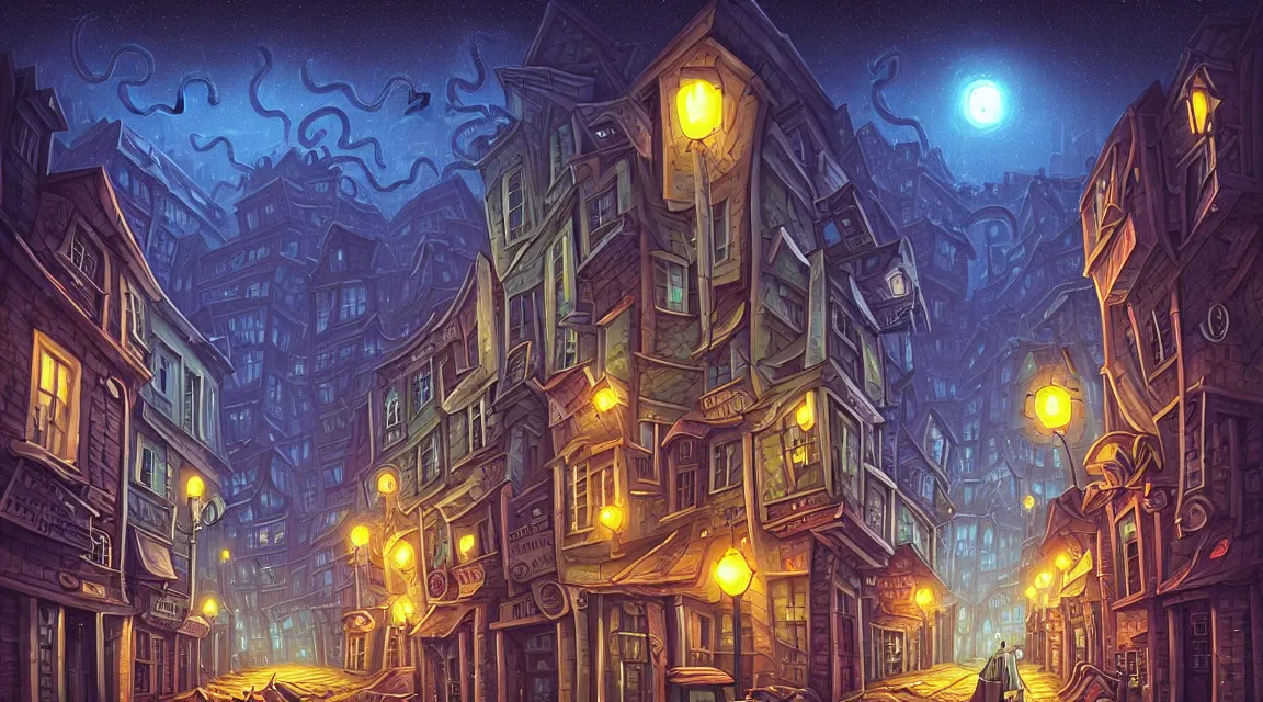 Image similar to street level view of a lovecraftian town. lovecraft. lovecraftian city at night by cyril rolando and naomi okubo and dan mumford and ricardo bofill. lovecraftian buildings. cobbled streets. lovecraftian landscape. swirly night sky.