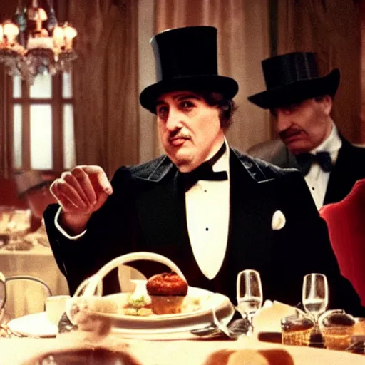 Prompt: the godfather wears a top hat in a fancy restaurant. 5 0 mm, cinematic, technicolor