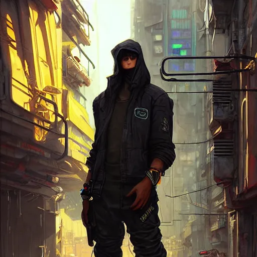 Prompt: A cyberpunk gopnik on the street of a cyberpunk slum on the moon, sci-fi, fantasy, intricate, very very beautiful, elegant, highly detailed, digital painting, artstation, concept art, smooth, sharp focus, illustration, art by artgerm and greg rutkowski and alphonse mucha