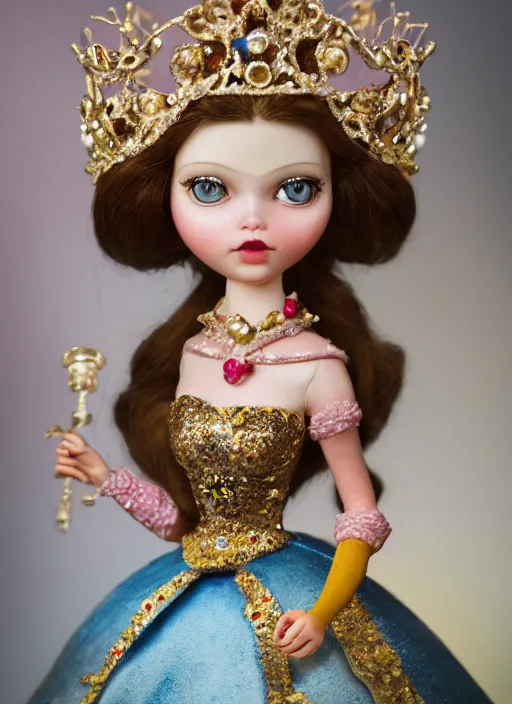 Image similar to closeup profile portrait of tin toy fairytale princess wearing a crown, depth of field, zeiss lens, detailed, symmetrical, centered, fashion photoshoot, by nicoletta ceccoli, mark ryden, lostfish, breathtaking, 8 k resolution, extremely detailed, beautiful, establishing shot, artistic, hyperrealistic, octane render