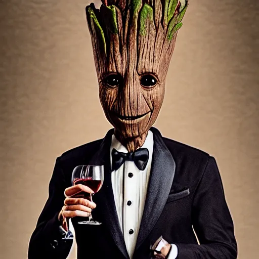 Image similar to realistic groot as a gentleman wearing tuxedo drinking wine, 1 0 0 mm, photorealistic, movie shot, studio lighting, 8 k