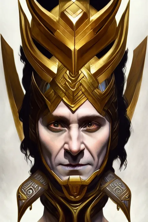 Image similar to symmetry!! portrait of loki in the style of god of war, machine parts embedded into face, intricate, elegant, highly detailed, digital painting, artstation, concept art, smooth, sharp focus, illustration, art by artgerm and greg rutkowski and alphonse mucha, 8 k