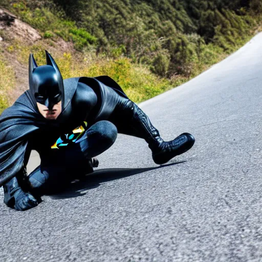 Image similar to batman riding downhill longboard, sliding, photo