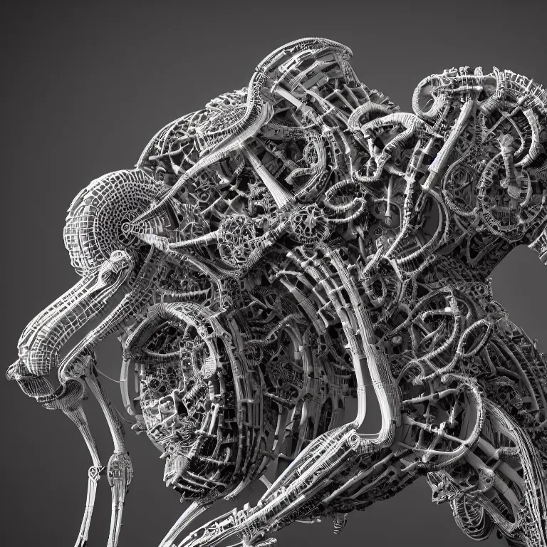 Prompt: surreal biomechanical spinal ribbed tribal organic detail of mechanical animal, beautiful detailed intricate insanely detailed 3D render digital art, octane render, 8K artistic photography, photorealistic