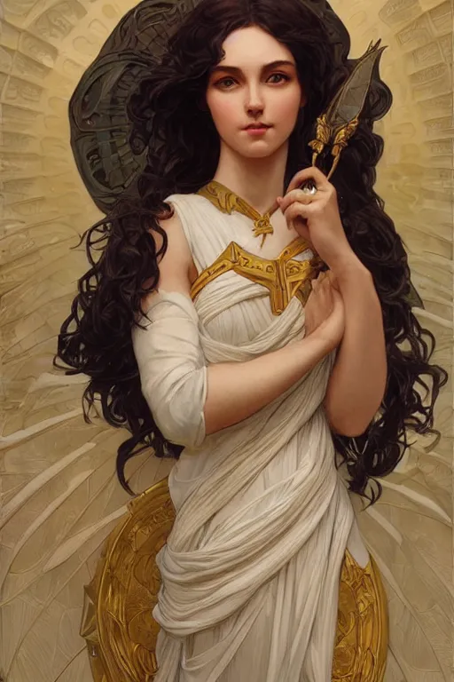 Image similar to Minerva Greek Goddess, elegant, highly detailed, digital painting, artstation, concept art, smooth, sharp focus, illustration, ArtStation, art by artgerm and greg rutkowski and alphonse mucha and J. C. Leyendecker and Edmund Blair Leighton and Charlie Bowater