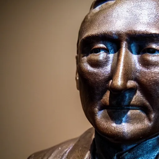 Image similar to close up shot of an old bronze patina statue of takeshi kitano in a museum