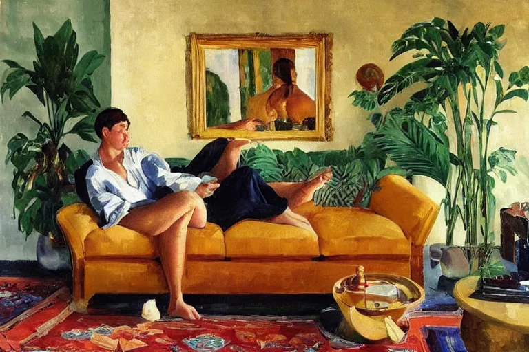 Image similar to A cozy, warm living room, bathed in golden light, with many tropical plants and eclectic furniture, a figure rests on an old couch, highly relaxed, sunday afternoon, living the good life, at peace, golden ratio, fauvisme, art du XIXe siècle, figurative oil on canvas by Albert Marquet, André Derain, Auguste Herbin, Louis Valtat, Musée d'Orsay catalogue