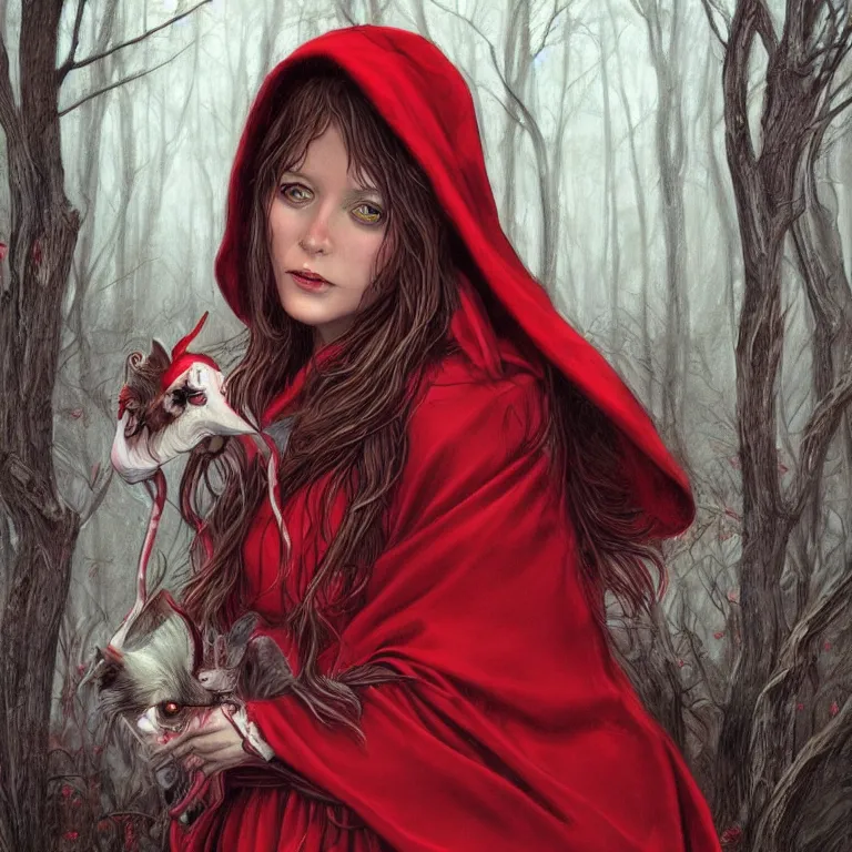 Prompt: realistic detailed beautiful portrait of little red riding hood, with a dark forest background by Todd Lockwood, Art Nouveau, trending on Artstation, rich deep vibrant colors