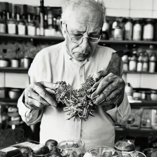 Image similar to an old man is stacking pickles his wife's head, making it look like a tower