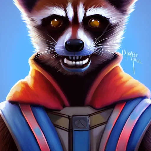 Prompt: rocket raccoon from guardians of the galaxy, portrait, digital painting, artstation