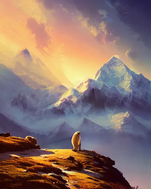 Image similar to white capybara at the peak of himalayas, surreal photography, sunrise dramatic light, impressionist painting, colorful clouds, digital painting, artstation, kilian eng, john harris, bastien lecouffe - deharme, simon stalenhag, flower face