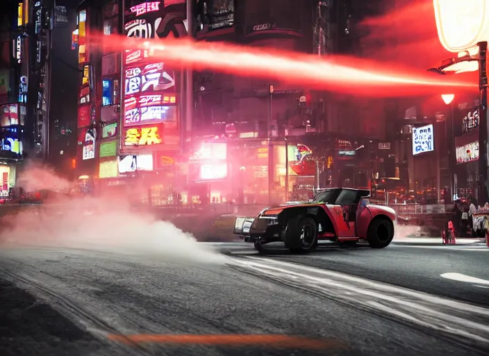 Prompt: a racing tractor drifting around the corner, smoke emanating from it's spinning wheels and exhaust. In a game of Need For Speed:Underground. moody cinematic lighting, high shutter speed, night, manga, Shibuya Crossing