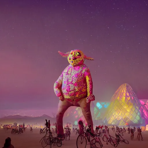 Image similar to mr blobby at burning man, photorealistic