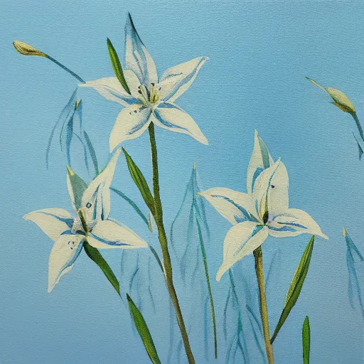 Image similar to painting of a field of light blue lilys, matte