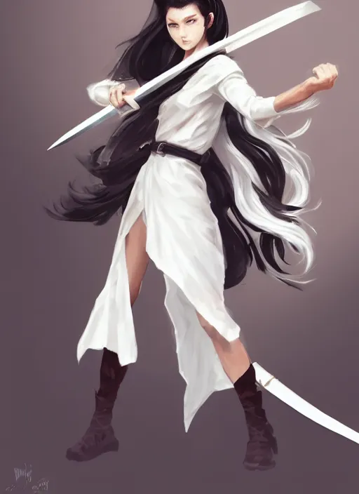 Prompt: a highly detailed illustration of fierce messy ponytail black haired one armed delinquent woman wearing long white tokkoufuku cape, dramatic wielding paper sword pose, intricate, elegant, highly detailed, centered, digital painting, artstation, concept art, smooth, sharp focus, league of legends concept art, wlop.
