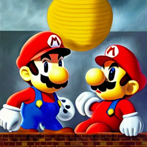 Prompt: A beautiful oil painting of Mario Bros fighting against a robot