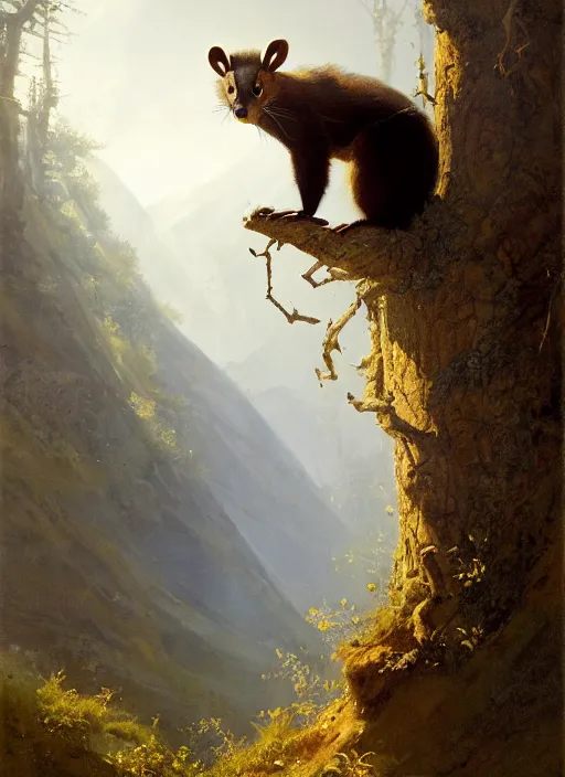 Image similar to a beautiful close - up shot from a fantasy film of a humanoid pine marten with bright golden eyes wearing a loose tunic. joseph ducreux, greg rutkowski.