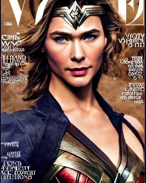 Prompt: Chris Hemsworth with Wonder Woman clothes, Vogue cover photo, realistic face, detailed face, highly detailed, professional photo