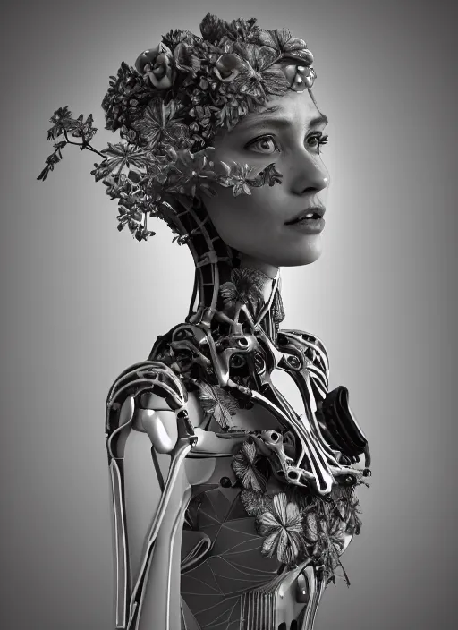 Image similar to monochrome 3 d model, biomechanical young female cyborg with porcelain profile face and a big floral eye, volumetric light, big leaves foliage and stems, hibiscus flowers, boho floral vines, sinuous fine roots, fine foliage lace, alexander mcqueen, rim light, art nouveau fashion pearl embroidered collar, steampunk, octane render, 8 k