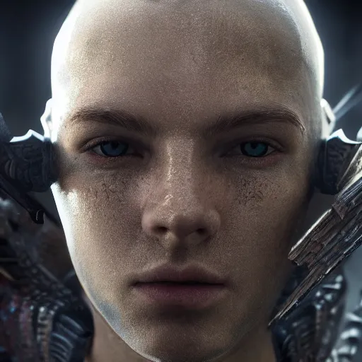 Image similar to hyperrealistic portrait of a beautiful armored male warrior, fantasy, stunning 3d render + perfect facial symmetry + dim volumetric lighting, 8k octane beautifully detailed render, post-processing, extremely hyperdetailed, intricate, epic composition, grim yet sparkling atmosphere, cinematic lighting + masterpiece, trending on artstation