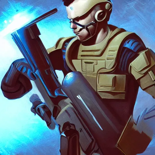 Prompt: a futuristic soldier holding plasma gun, sci - fi, concept art, fantasy illustration, sharp, ultra detail, angry face