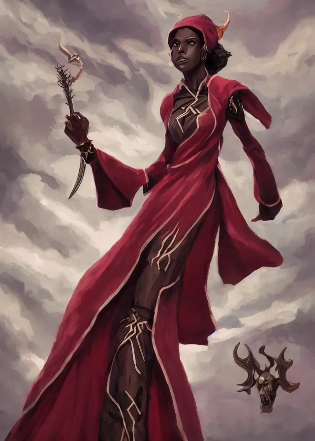 Image similar to a female dnd wizard's portrait by brian patterson and rhads, black skin, african, ethiopian, red robes, necromancer, clear - eyed, elegant bones, skulls, papers and tomes