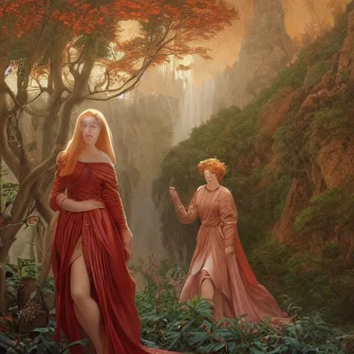 Prompt: a highly detailed byzantine painting of scarlett johansson and emma watson as red haired queens walking through a waterfall in a gossamer thin orange dress, epic fantasy, stormy night, viewed in profile from far away, ultrawide lens, art by artgerm and greg rutkowski and alphonse mucha, volumetric lighting, 4 k resolution, trending on artstation, masterpiece