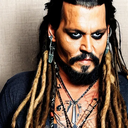 Image similar to portrait of johnny depp as khal drogo from games of thrones, mascular, broad shoulder, very long hair, long beard with dreadlocks, tattooed body, six packs, symmetrical, nikon 3 5 mm photography, ultrarealistic