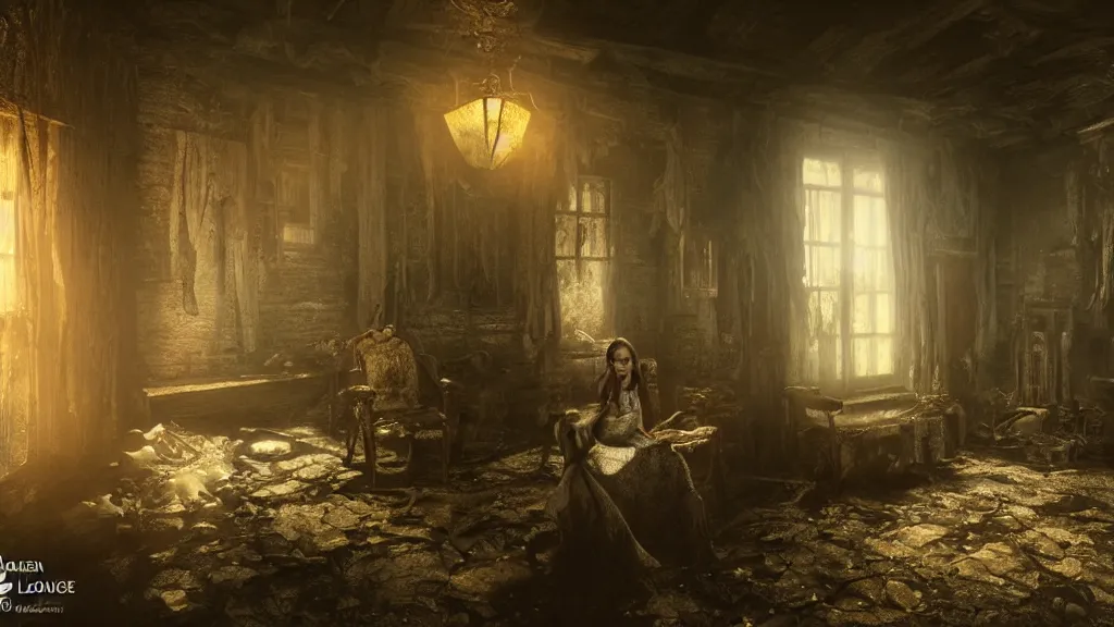 Prompt: a witch with white eyes sitting in the shadows on the inside of a decrepit cottage at night, highly detailed interior, by Bastien LeCouffe-Deharme, hyperrealistic, Cryengine 8k UHD