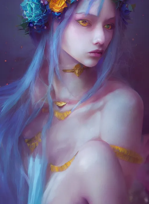 Prompt: a gorgeous flower princess portrait by WLOP, emerald yellow eyes, blue hair, digital painting, beautiful lighting, ominous, cgsociety