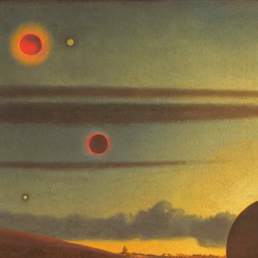 Image similar to evening landscape with two planets in the sky, ( ( ( retrofuturism ) ) ),