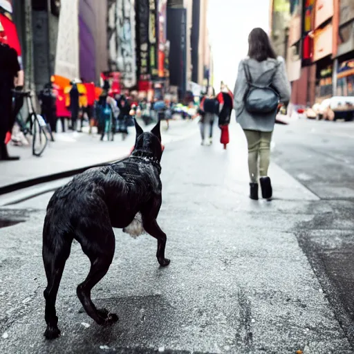 Prompt: a low poly dog walking by a human on a crowded street in New York city, 8k