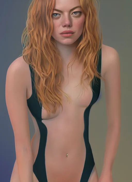 Image similar to portrait of Emma Stone in swimsuit, au naturel, hyper detailed, digital art, trending in artstation, cinematic lighting, studio quality, smooth render, unreal engine 5 rendered, octane rendered, art style by klimt and nixeu and ian sprigger and wlop and krenz cushart